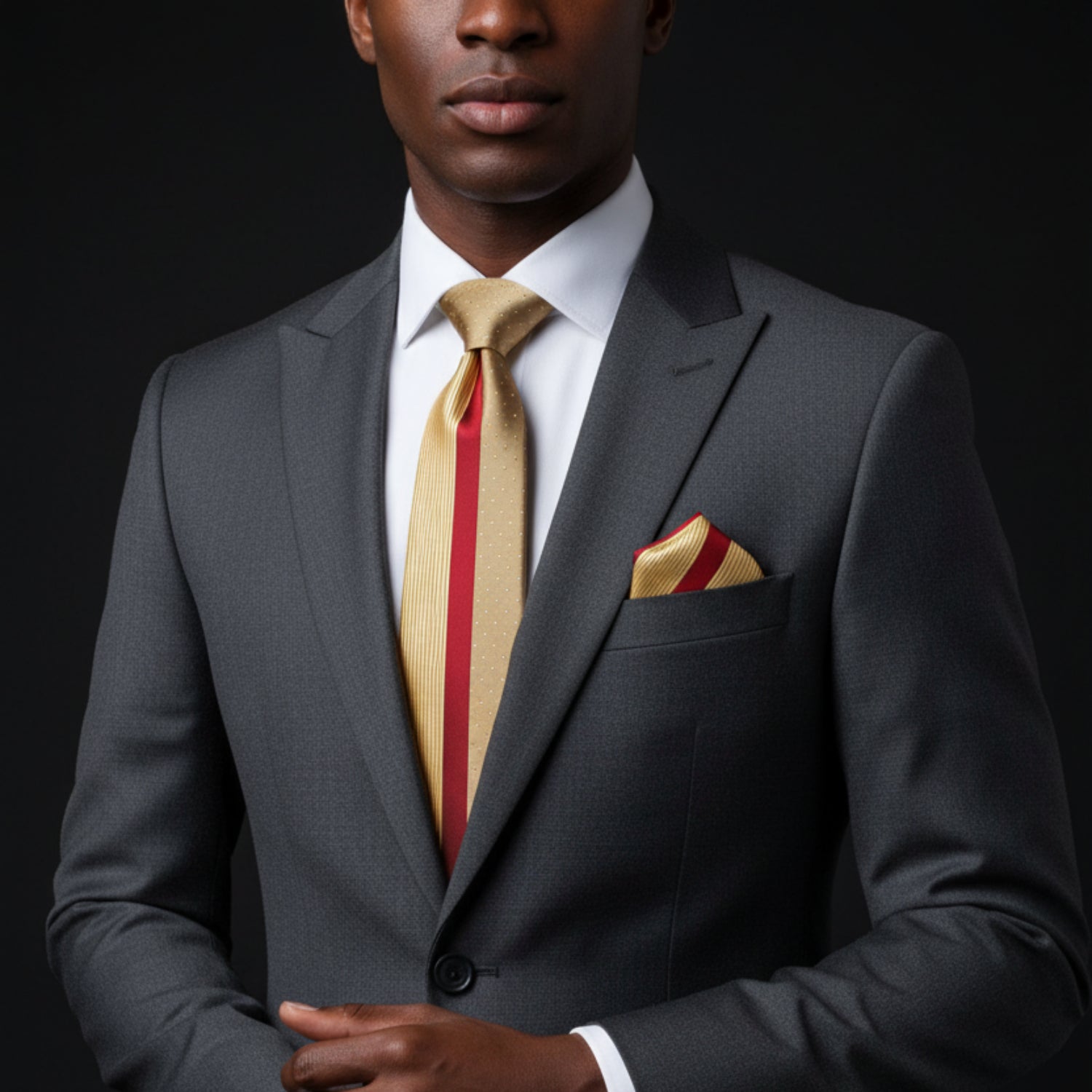 Gold and Red Lined Tie and Square on man