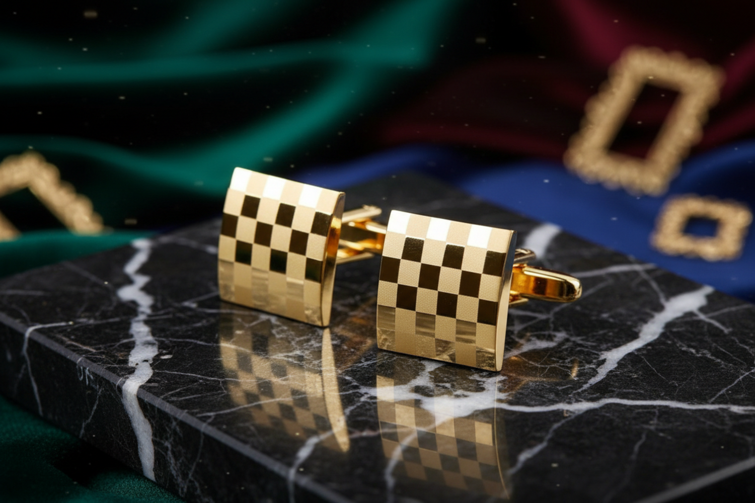a pair of gold check cufflinks