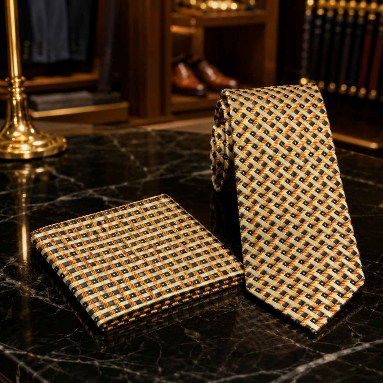 A matching necktie and pocket square set with a gold, black, and brown geometric lattice pattern, displayed on a dark marble surface.