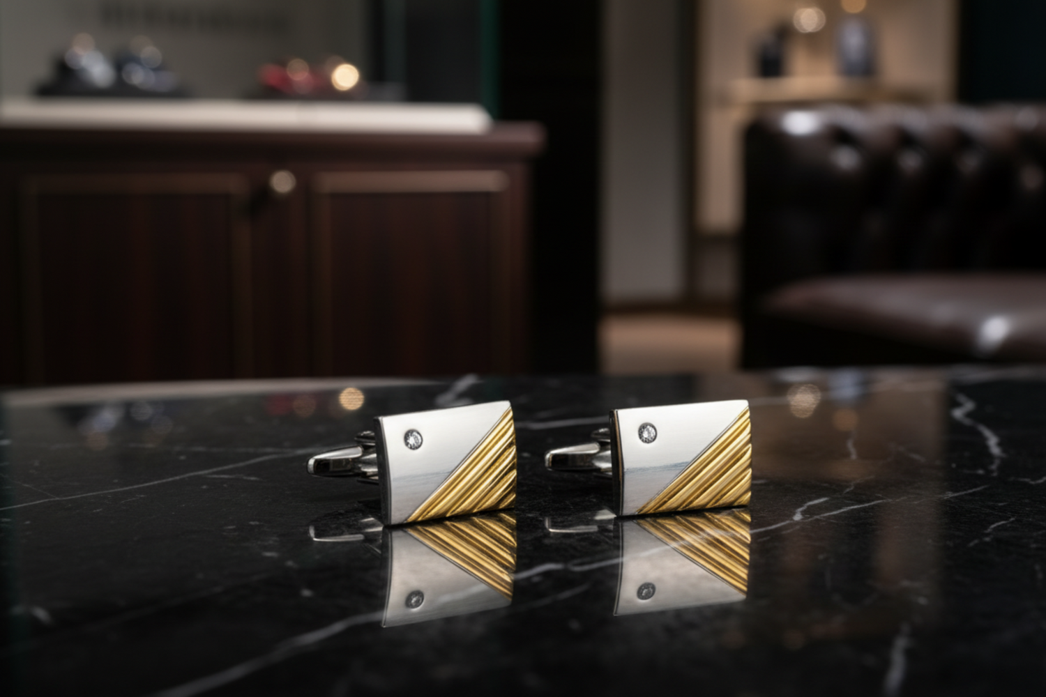 Premium A Gold, Chrome Rectangle Shaped Cuff-links with Small Gemstones