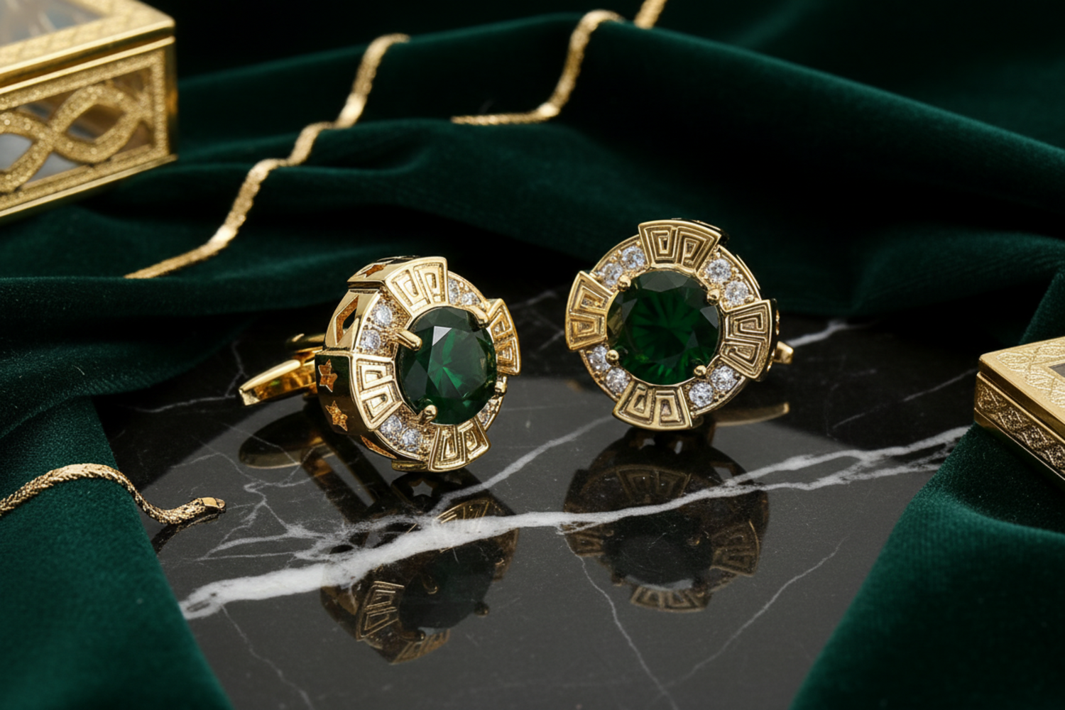 A pair of gold-colored circular cufflinks with red and clear stones set within.