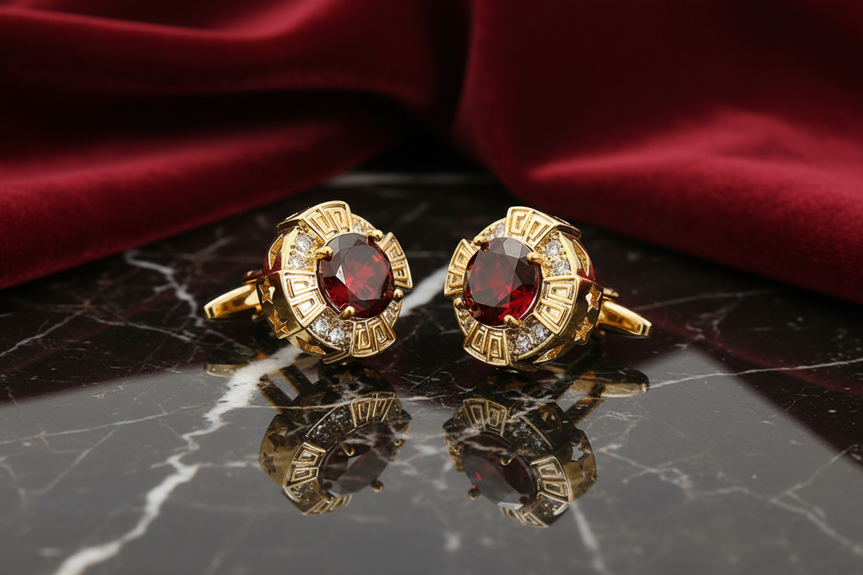 A pair of gold-colored circular cufflinks with red and clear stones set within.