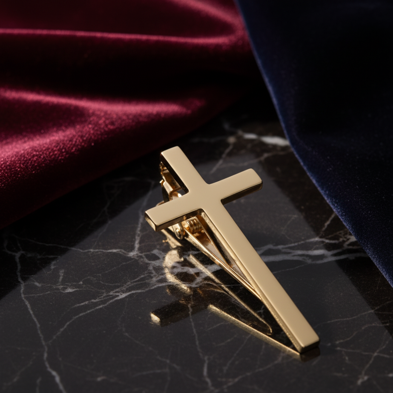 Gold cross-shaped tie clip on a reflective black surface