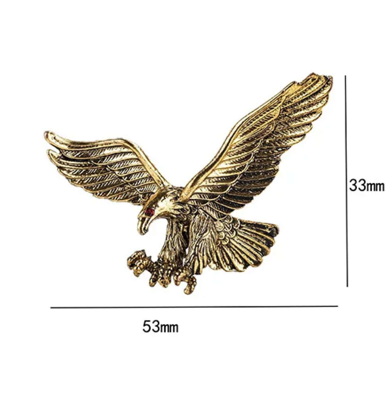 Gold eagle emblem with size measurements on a white background