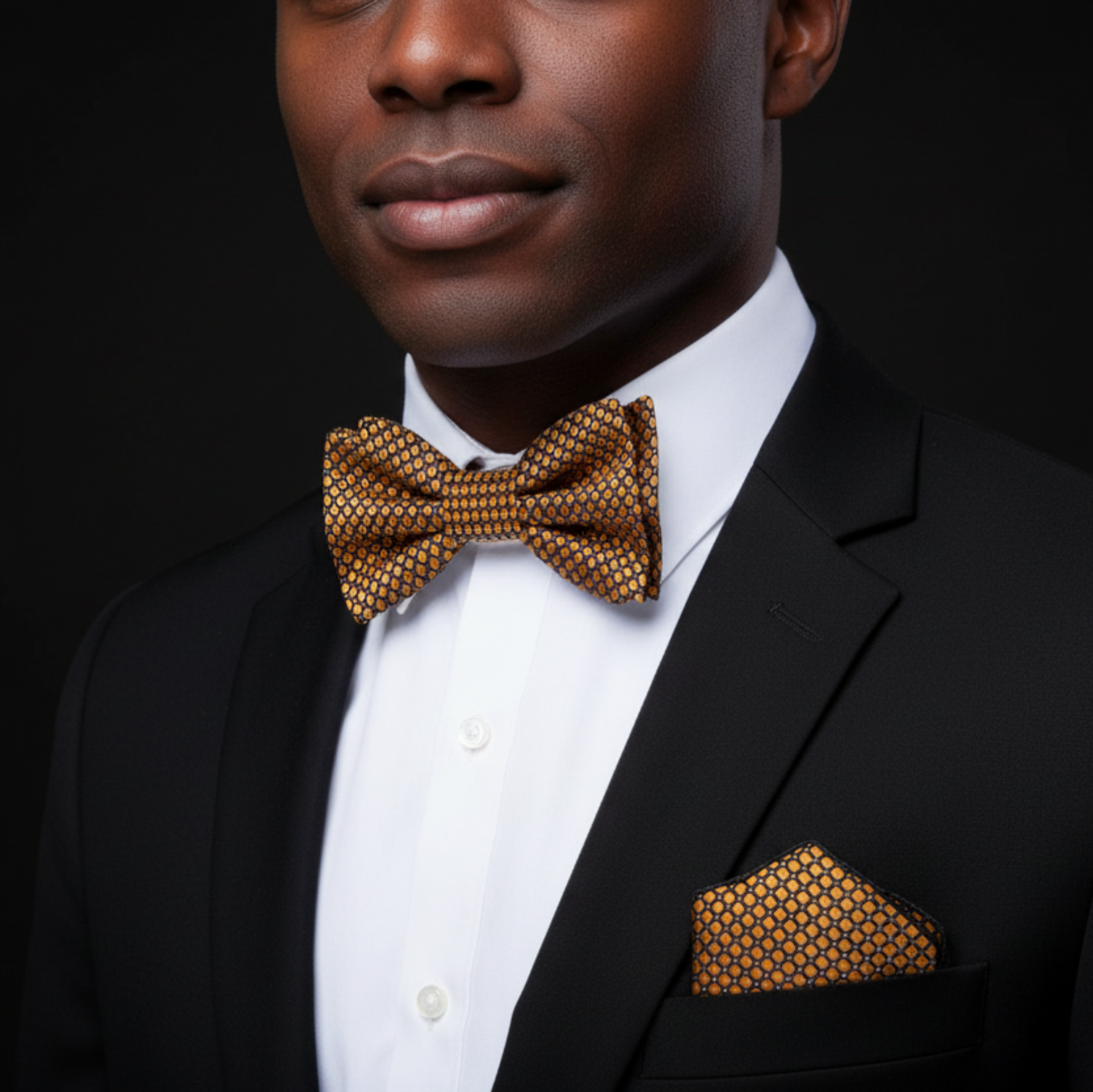Man wearing a black suit with a gold bow tie and pocket square on a dark background