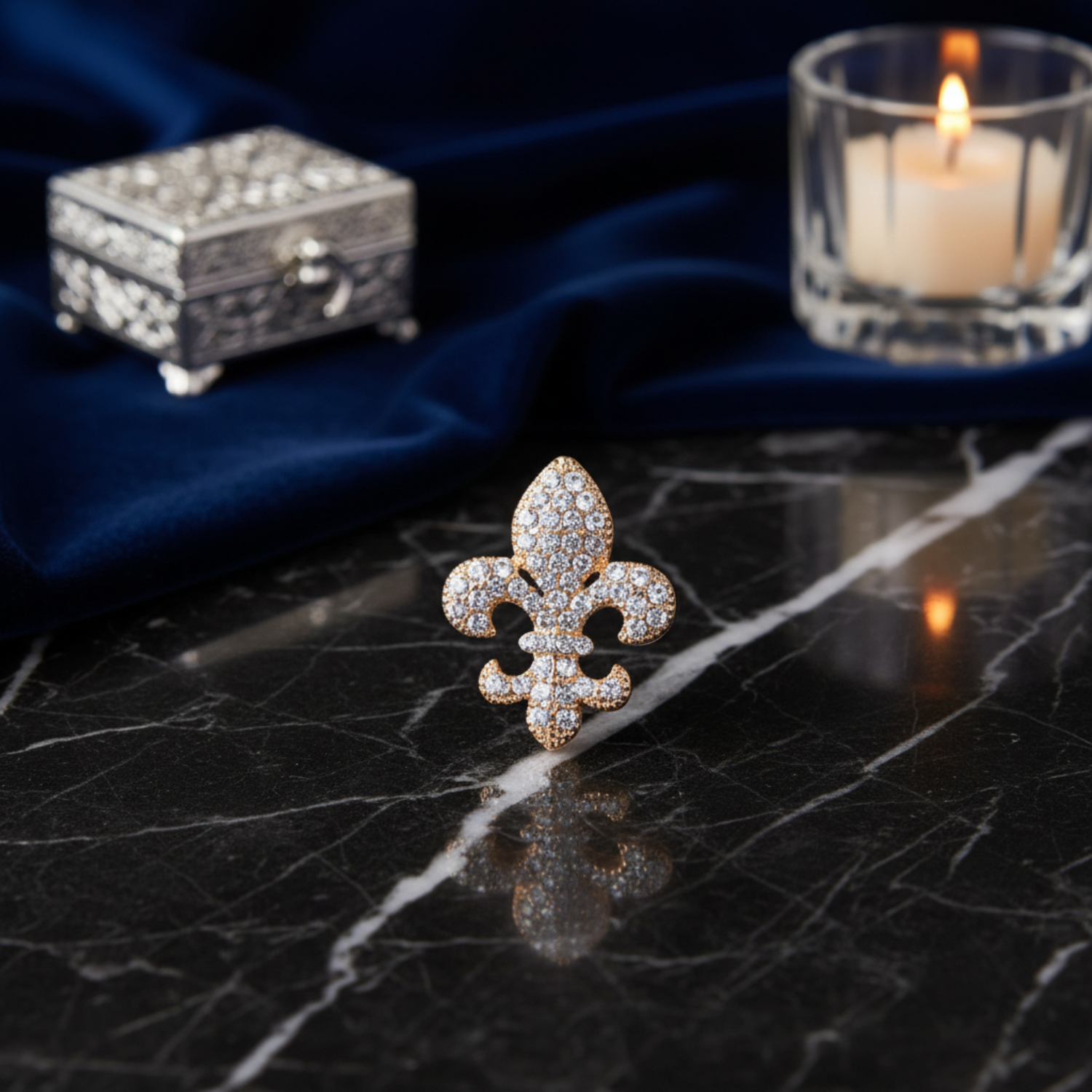 Rose gold and clear gemstone fleur-de-lis 