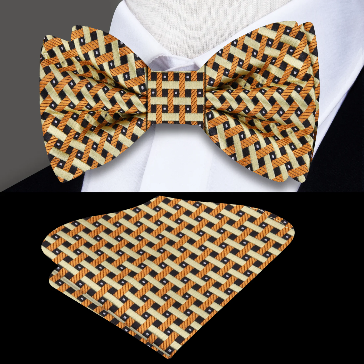 Gold Check Bow Tie and Pocket Square||Gold