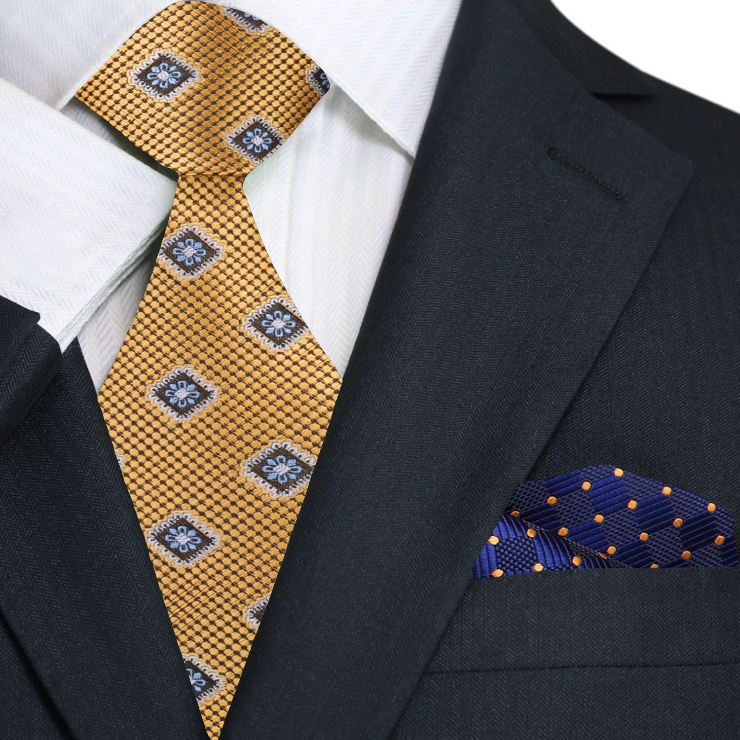 Gold Medallions Necktie and Accenting Blue and Gold Square
