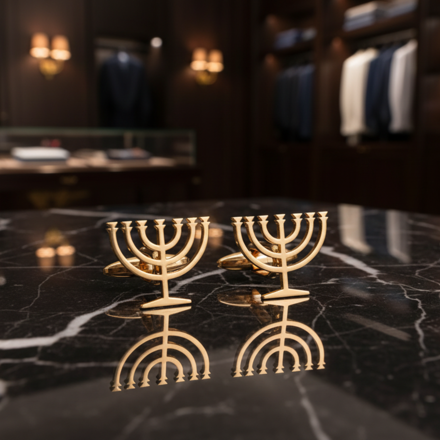 Gold menorah-shaped candle holders on a black textured background