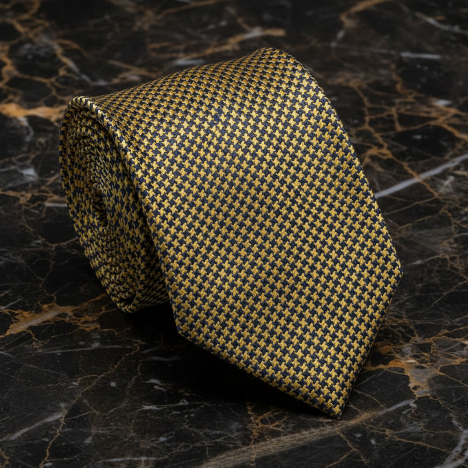 Boys Gold & Navy Blue Micro Houndstooth Necktie