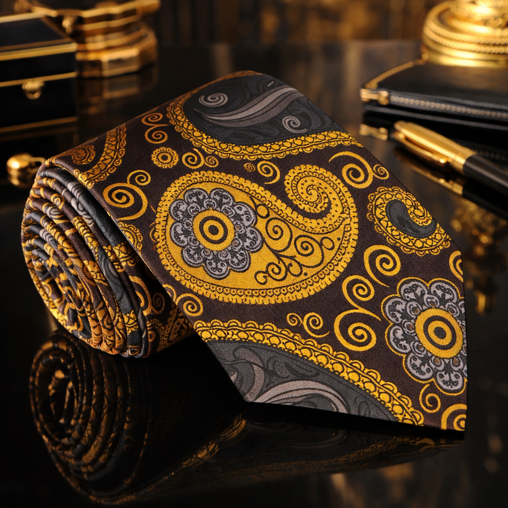 Roll of patterned tie with gold and black design on a reflective surface