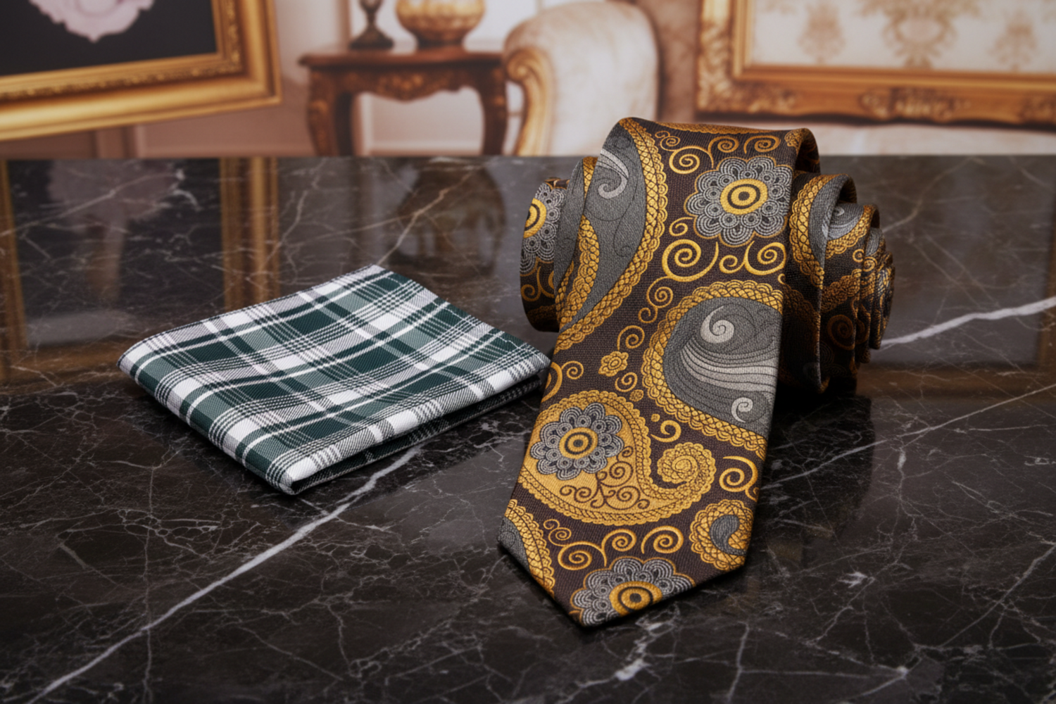 Alt Golden Nugget, Brown Paisley Necktie and Accenting Plaid Square