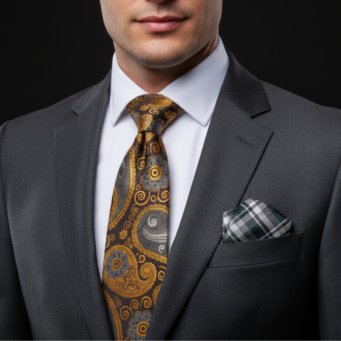 Man wearing a gray suit with a patterned tie and pocket square on a black background