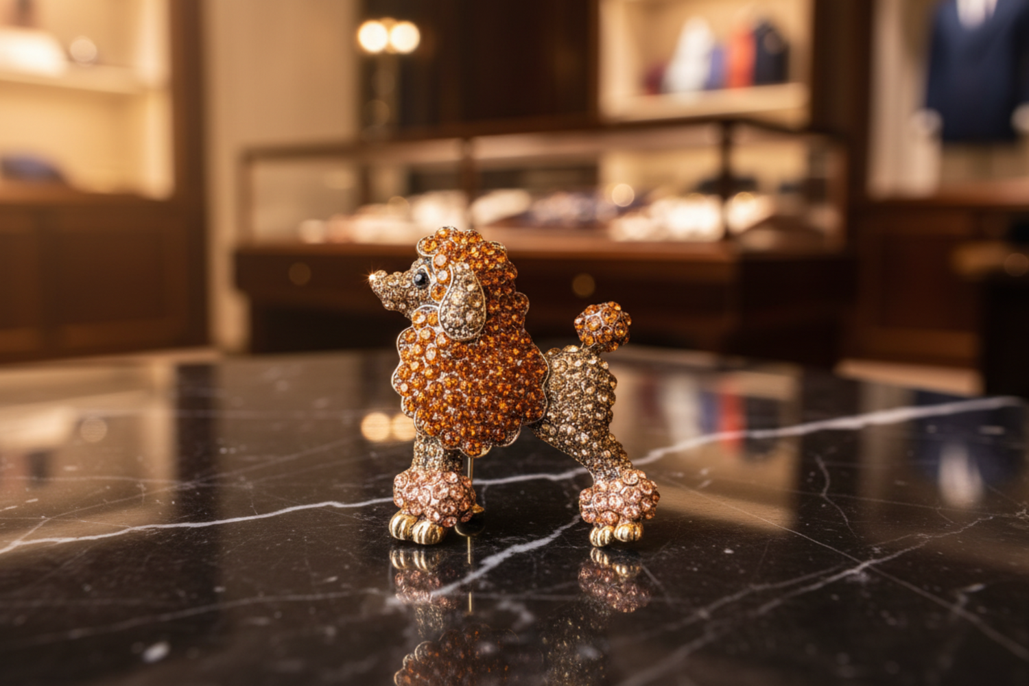 Golden champagne poodle-shaped brooch with orange gemstones on a white background
