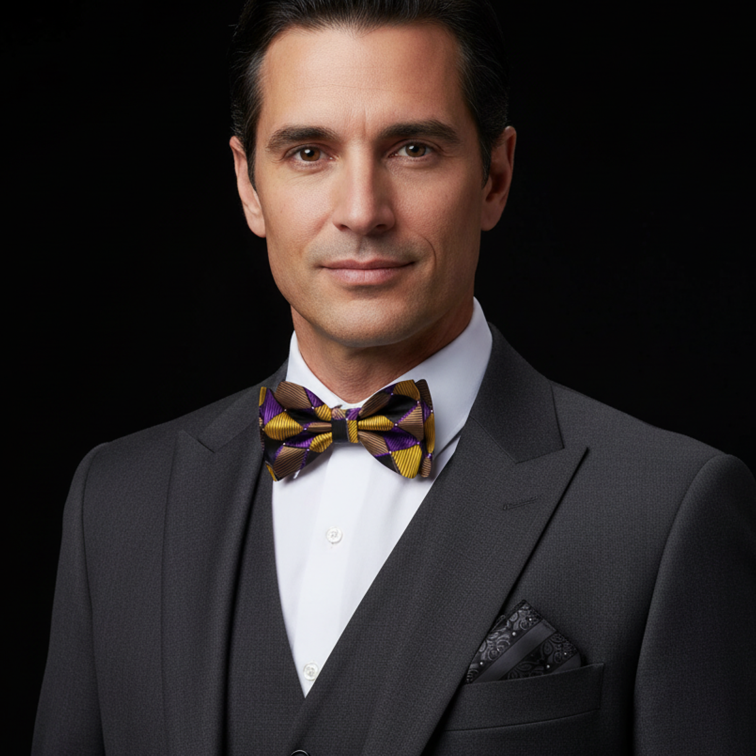 Man wearing a black suit with a colorful bow tie against a dark background