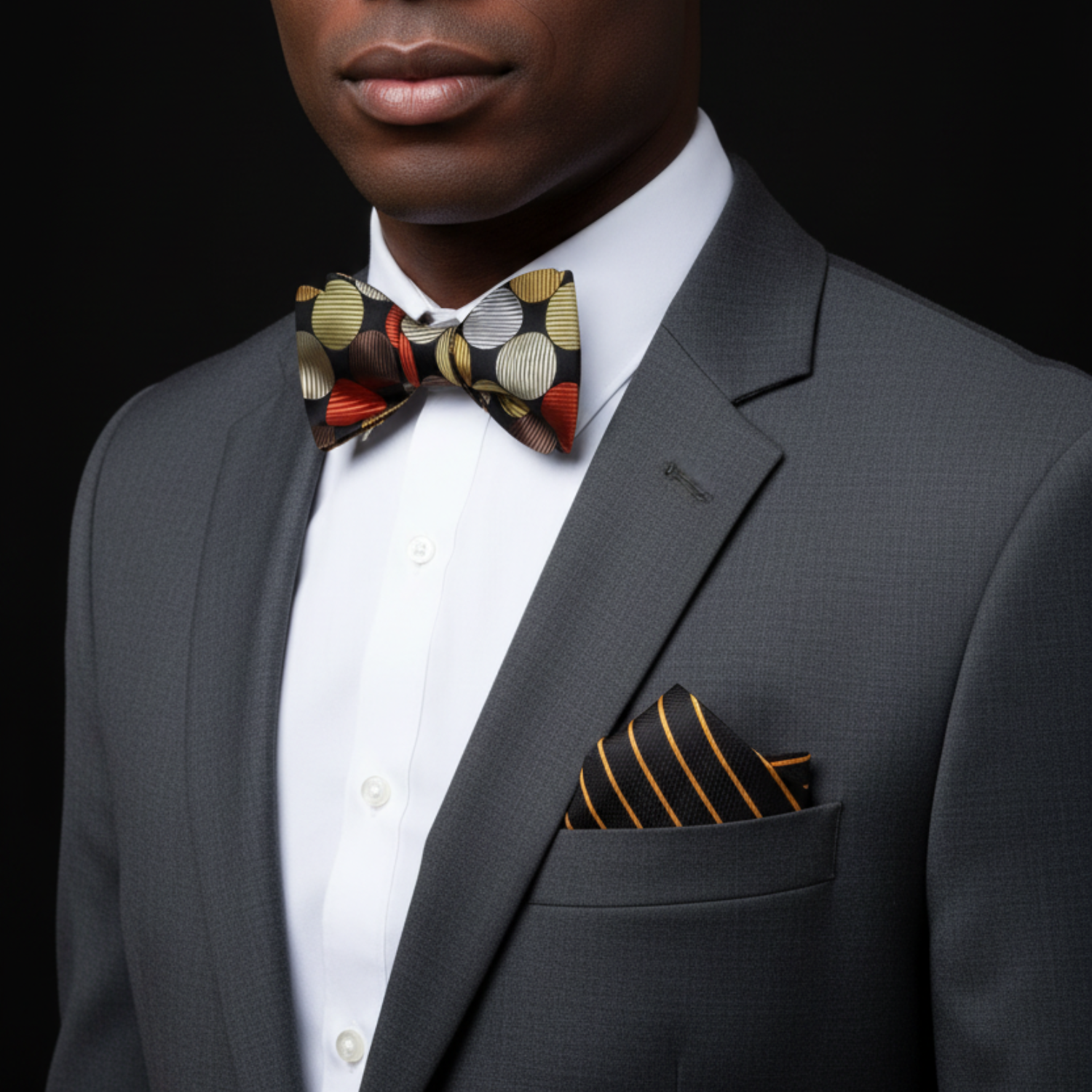 Man wearing a gray suit with a colorful bow tie and pocket square on a black background