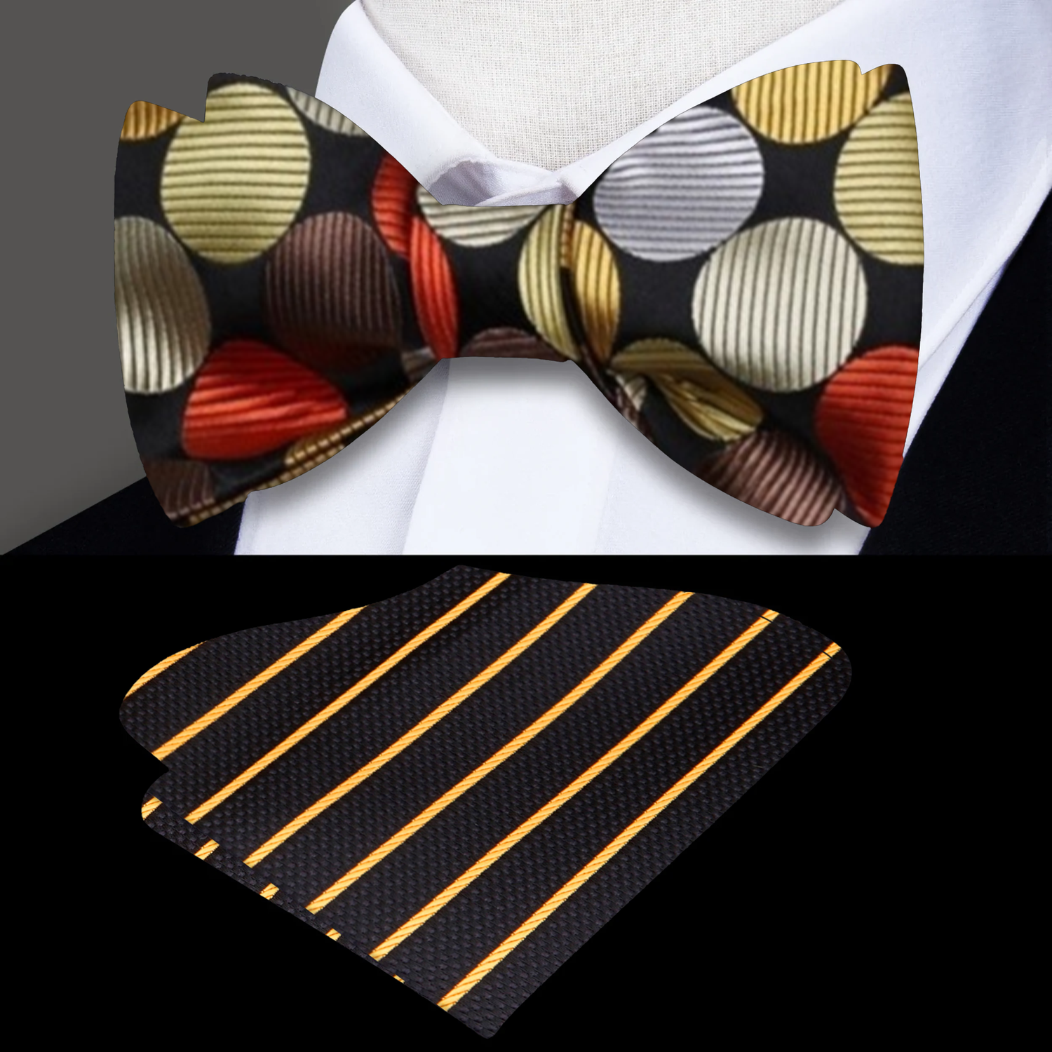 Black, Copper, Brown and Red Dots Bow Tie and Accenting Black and Gold stripe Square