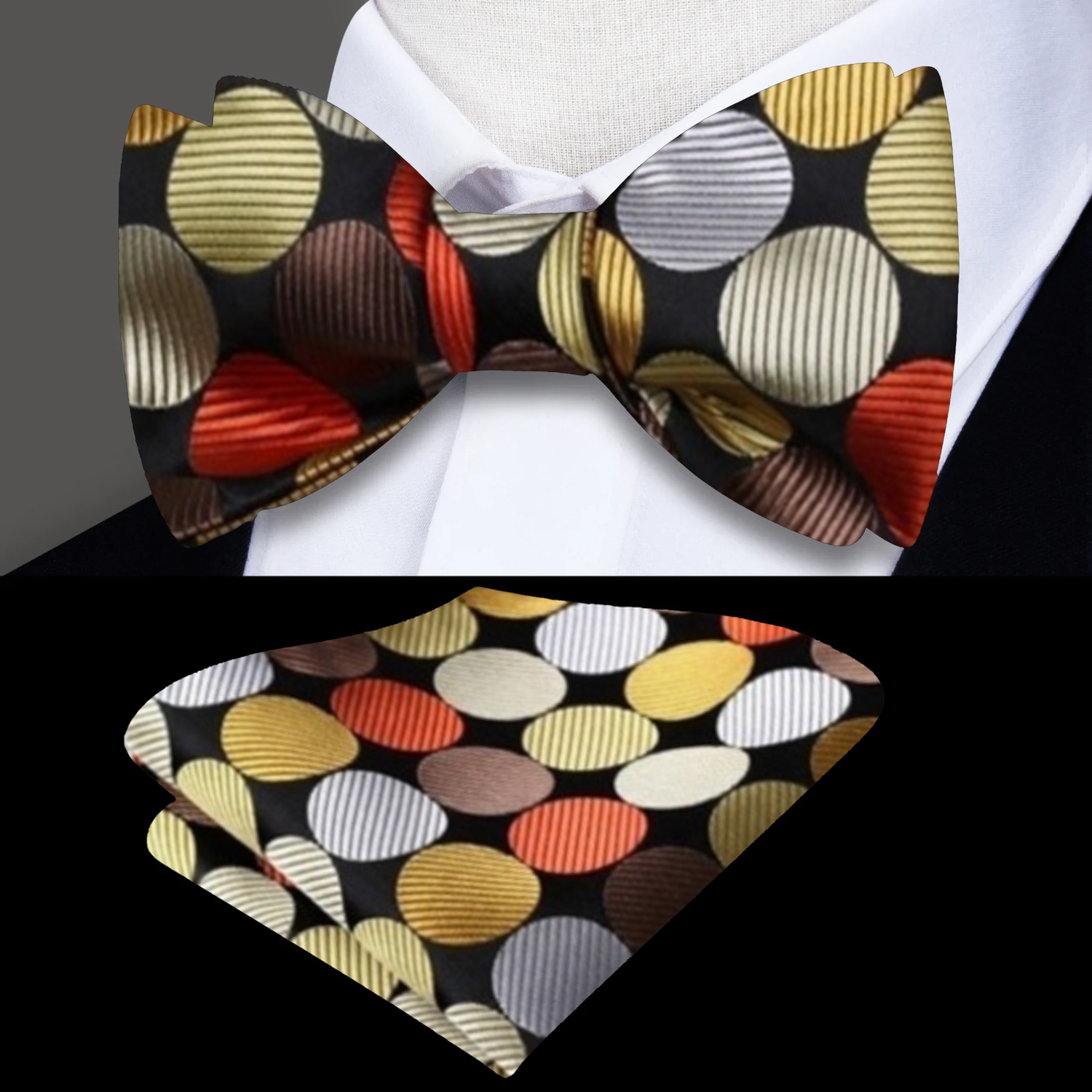 Black, Brown, Gold and Red Polka Bow Tie and Square