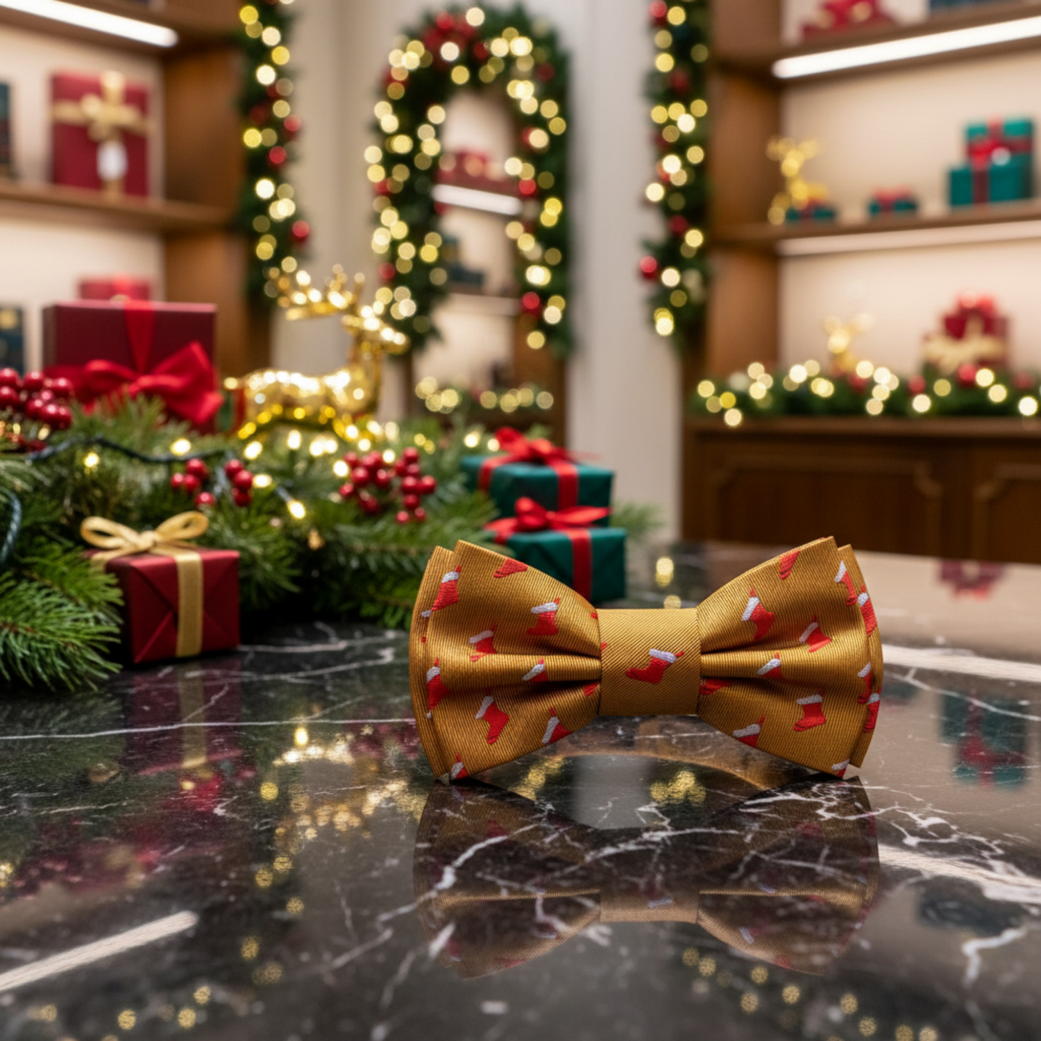 Gold Red Stockings Bow Tie Pre Tied