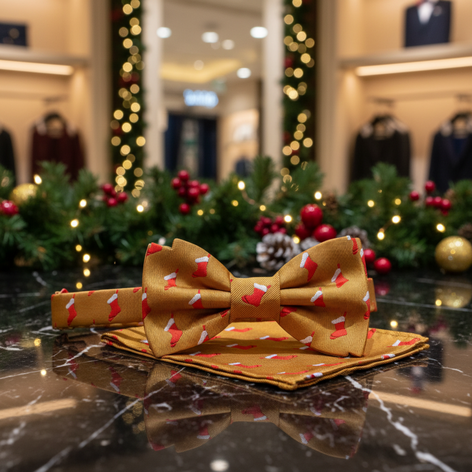 Gold Red Stockings Bow Tie and Square