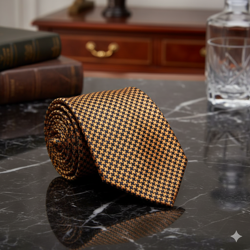 Gold and Black patterned tie on a marble surface with books and a glass in the background