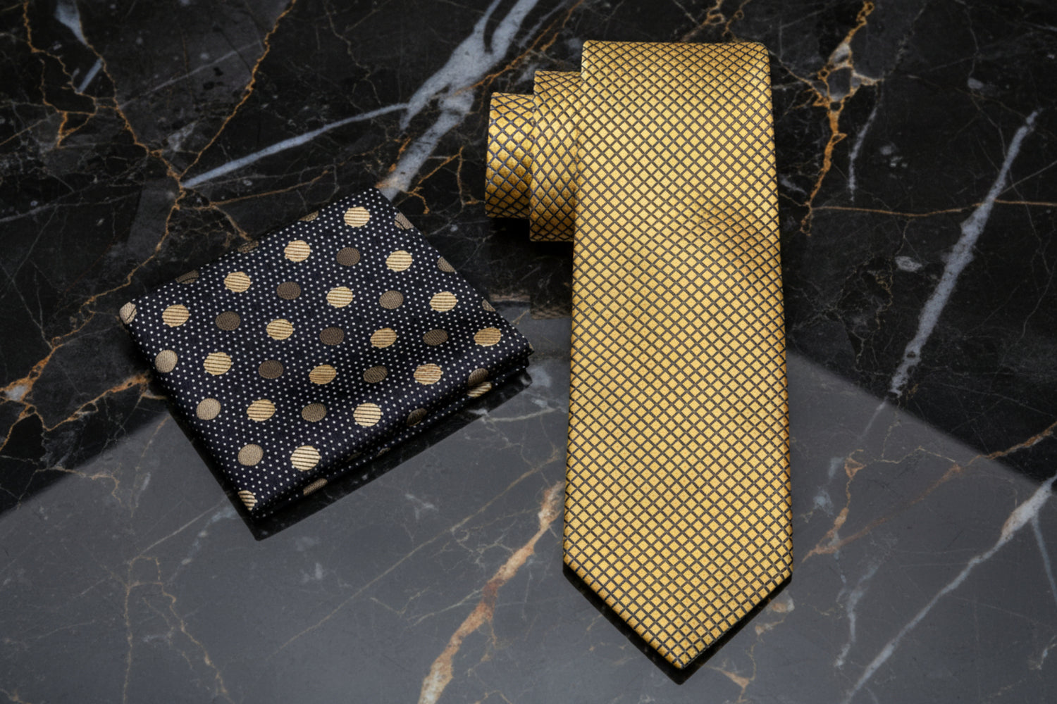 Alt View; Gold Geometric Tie and Accenting Square
