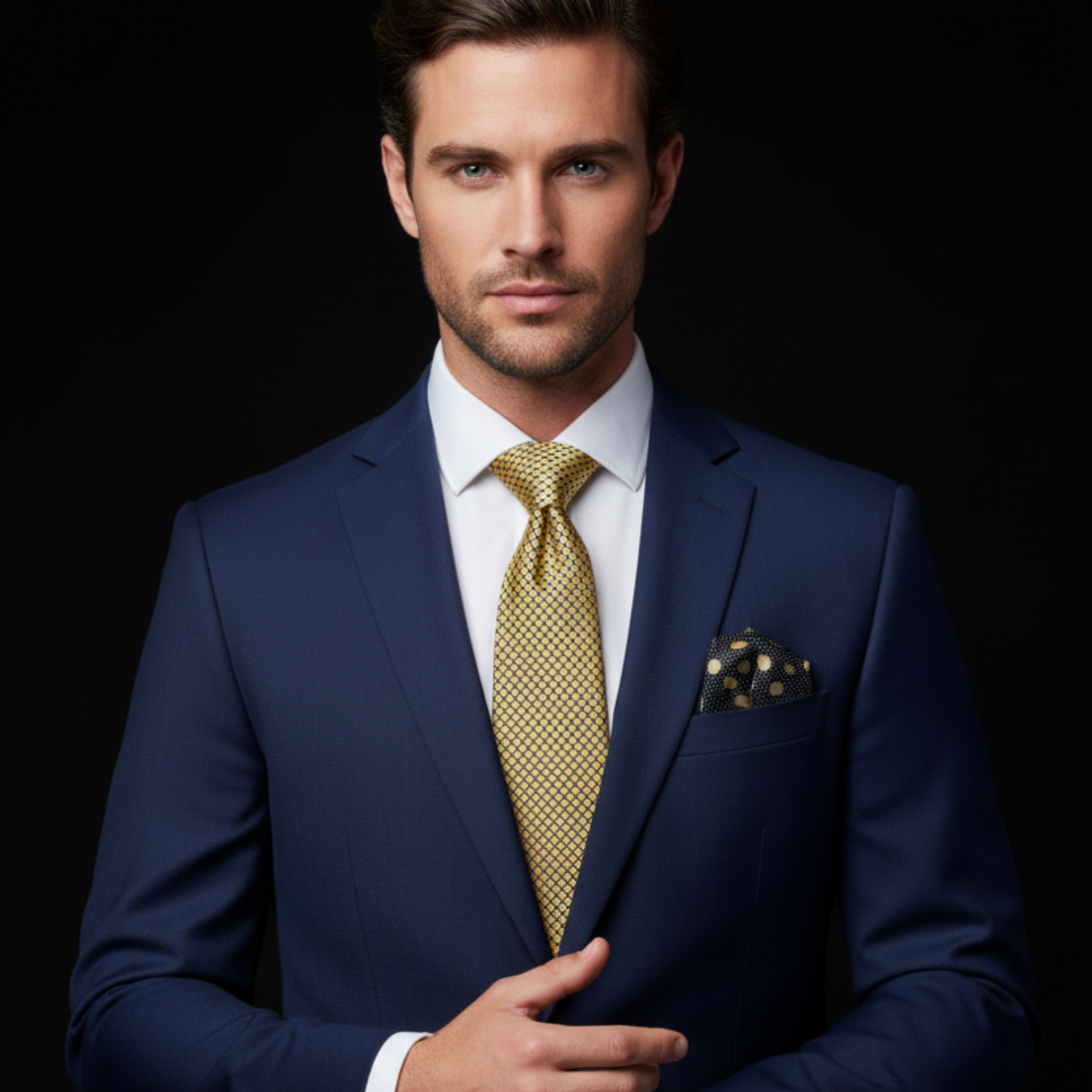 Man wearing a blue suit with a gold tie against a black background
