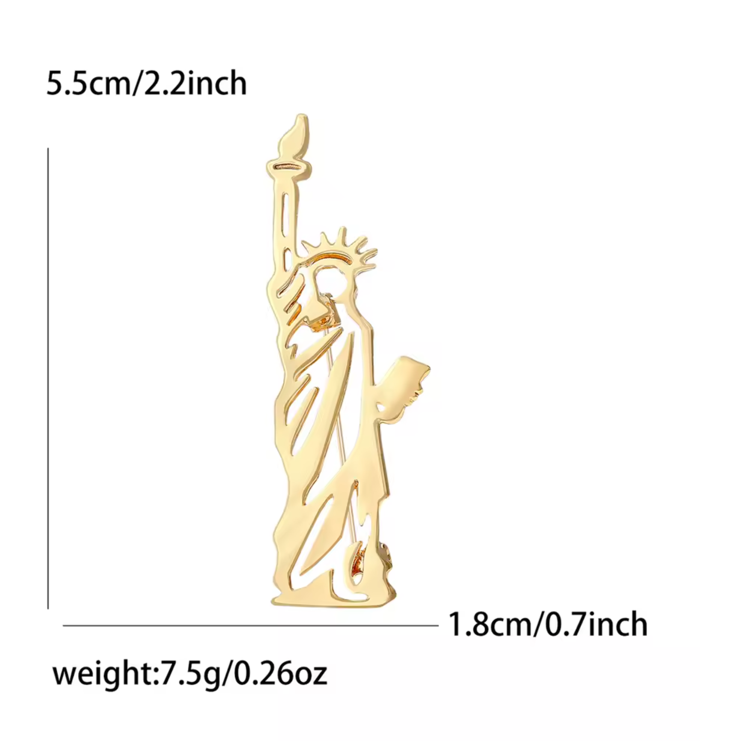 A gold-colored Statue of Liberty pendant or charm shown on a white background with dimension lines and text indicating height of 5.5cm (2.