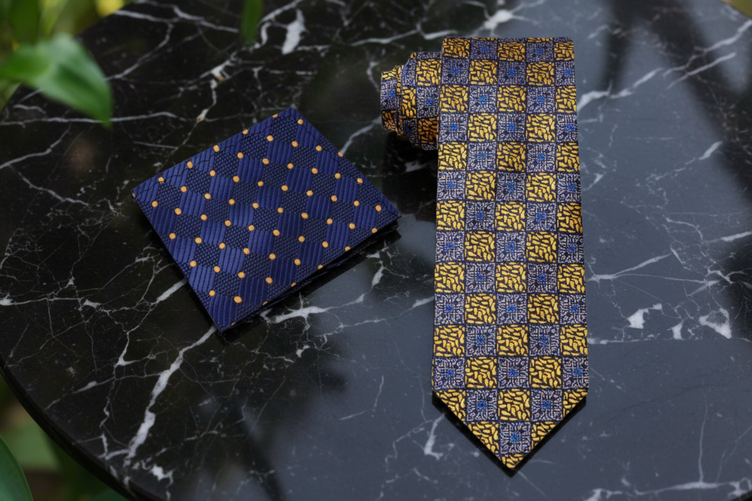 Alt:Grey and Gold Geometric Necktie and Accenting Square