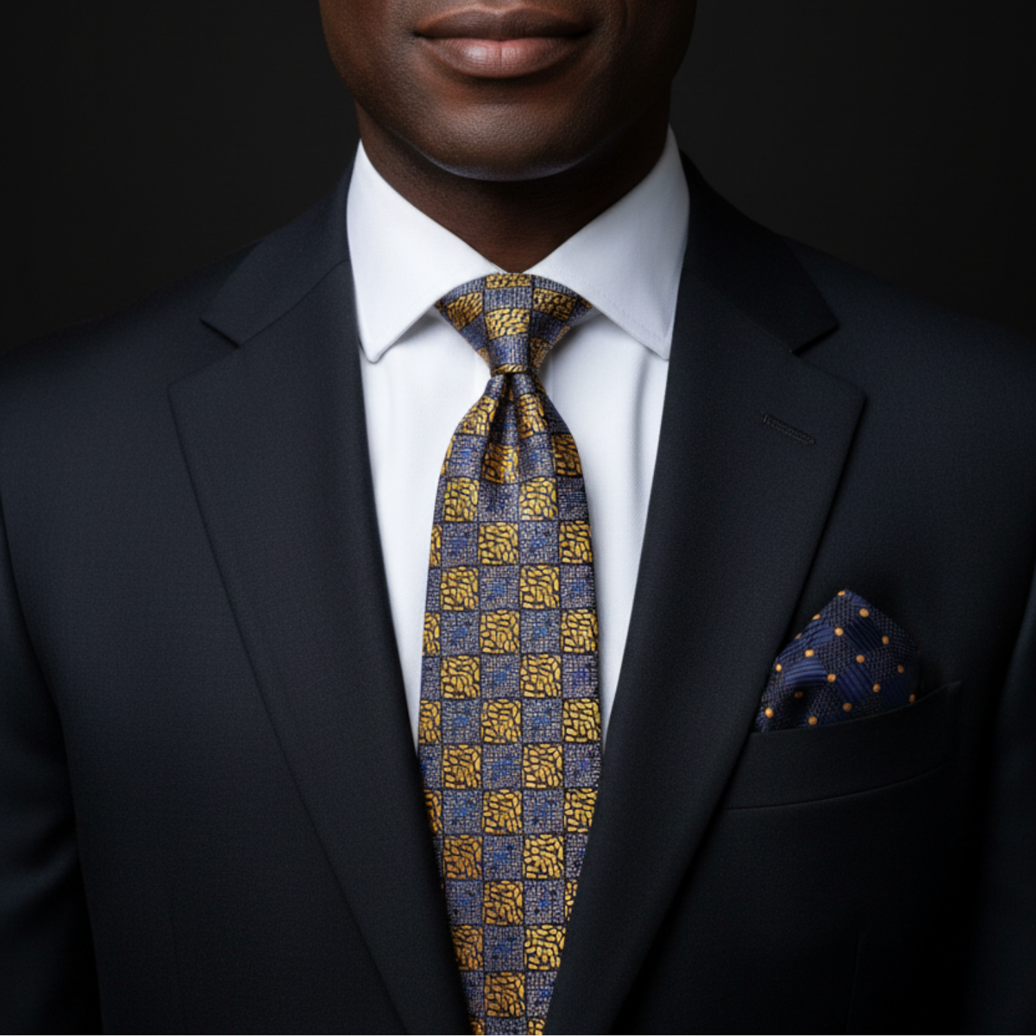 Man wearing a dark suit with a patterned blue and gold tie and pocket square.