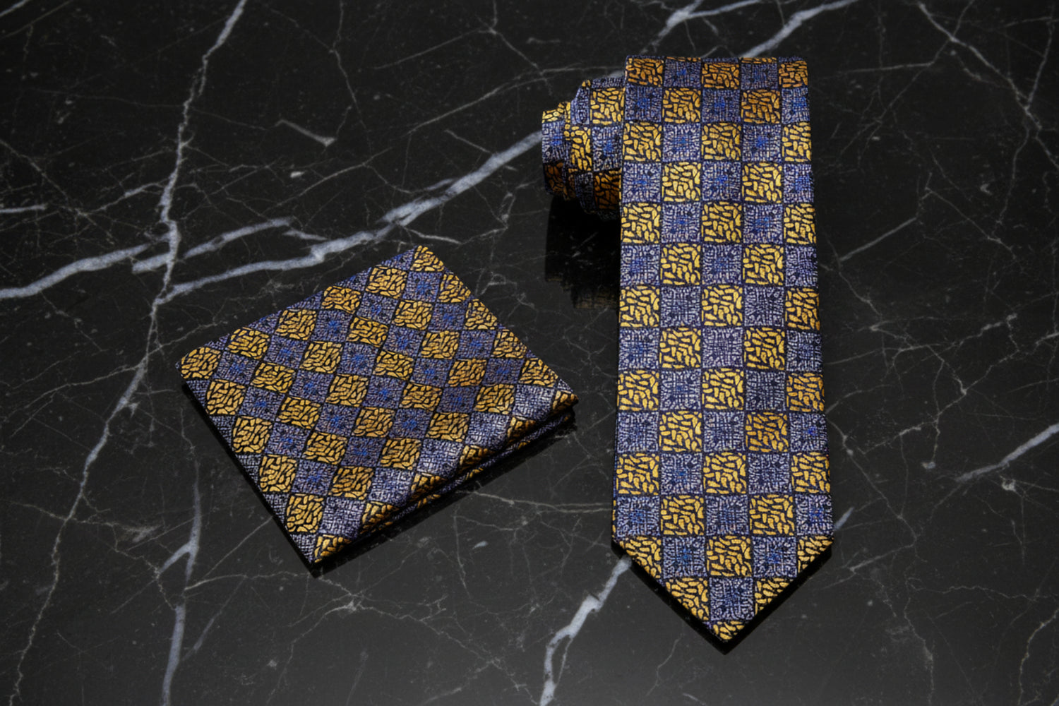Alt View: Grey and Gold Geometric Necktie and Square