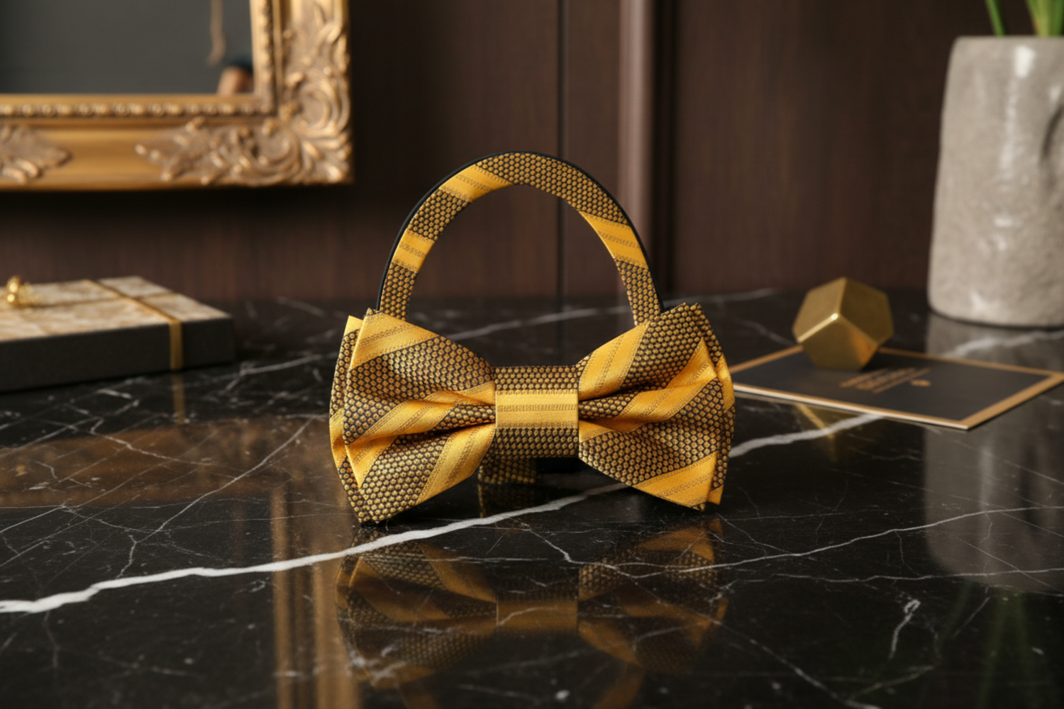 Main View: Yellow Brown Stripe Bow Tie Pre Tied