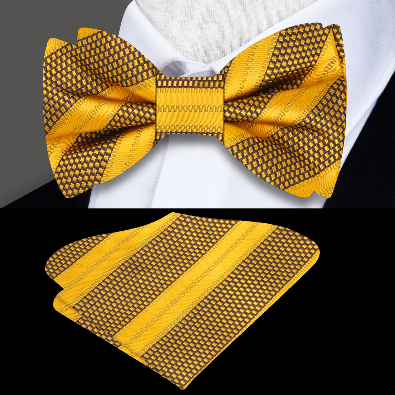 Main View: Yellow Brown Stripe Bow Tie and Pocket Square||Yellow Gold
