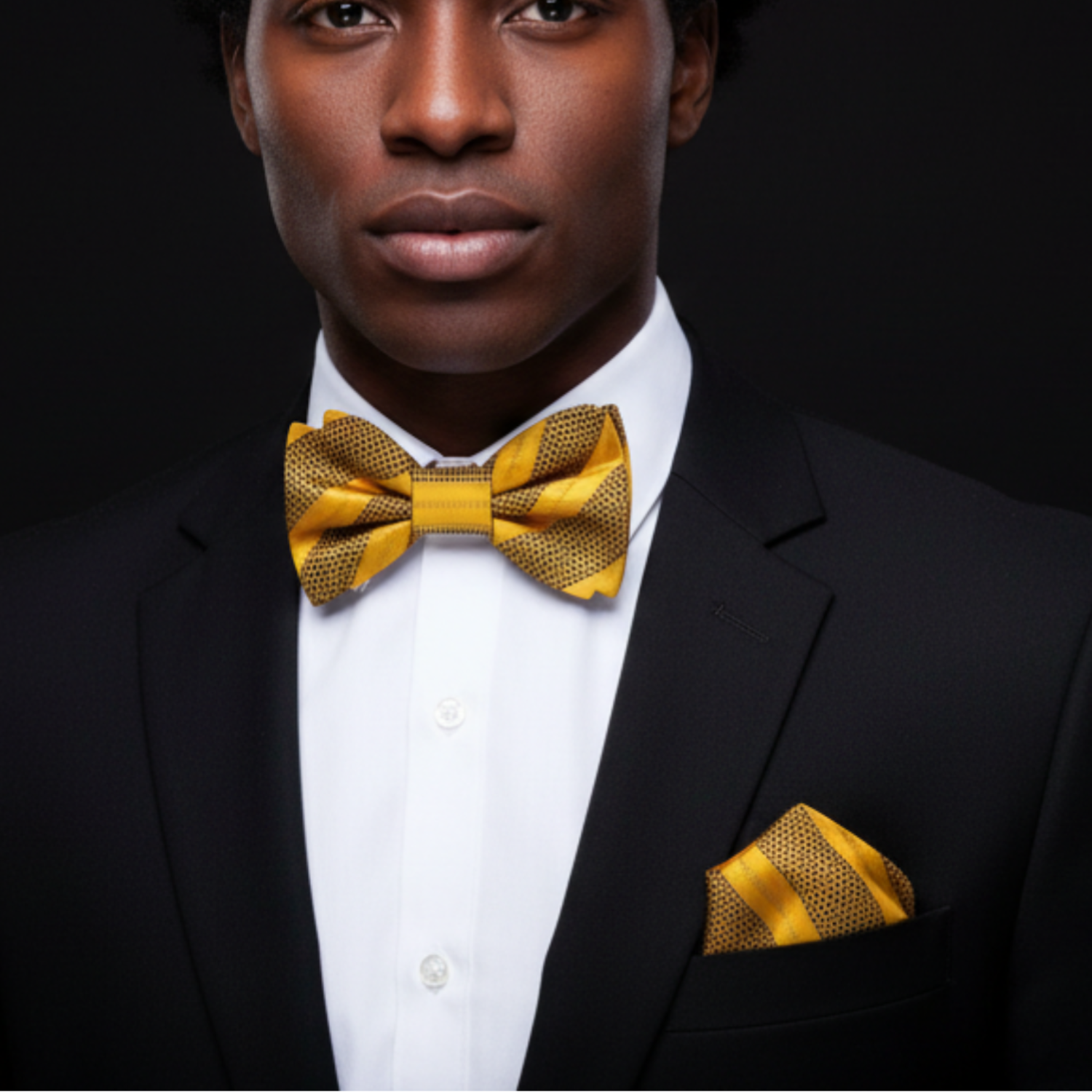 Man wearing a black suit with a yellow bow tie and pocket square against a dark background