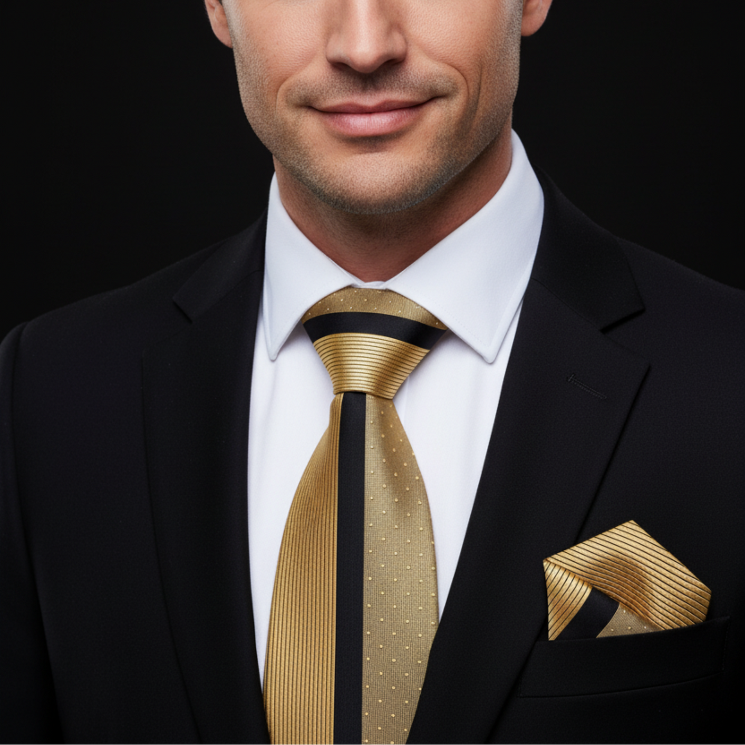 Man wearing a black suit with a gold tie and matching pocket square on a black background