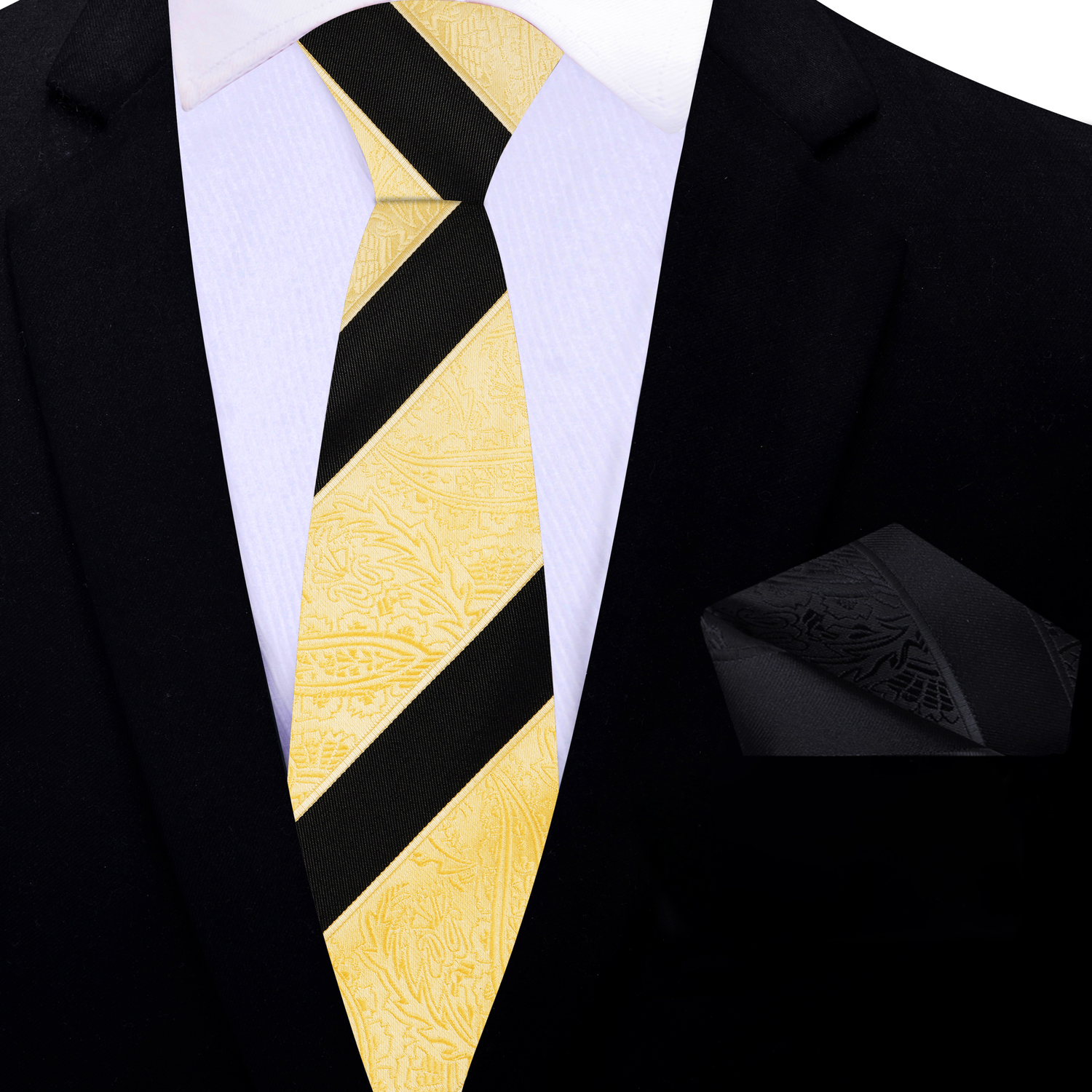 Thin Gold and Black Paisley Necktie and Accenting Square
