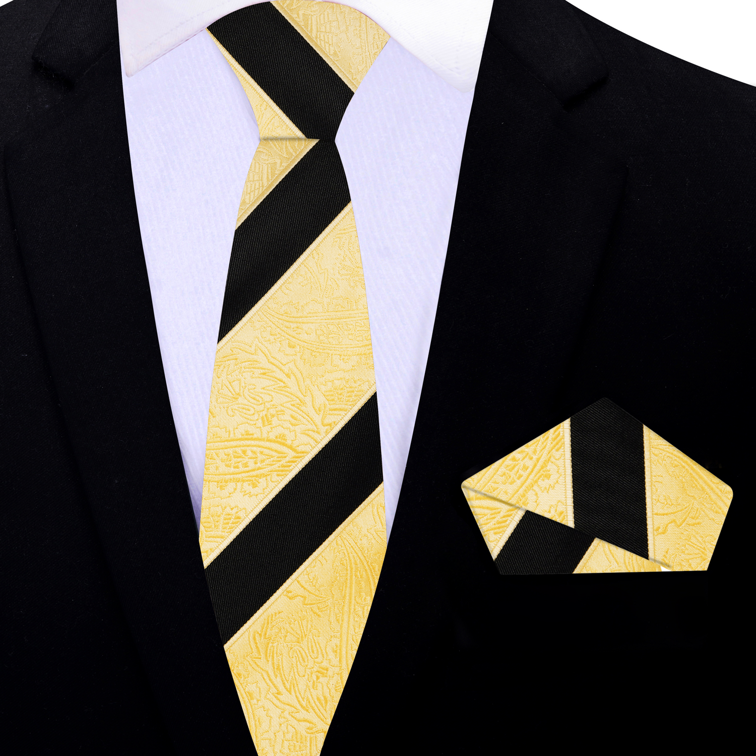 A Gold and Black Stripe Thin Tie and Square