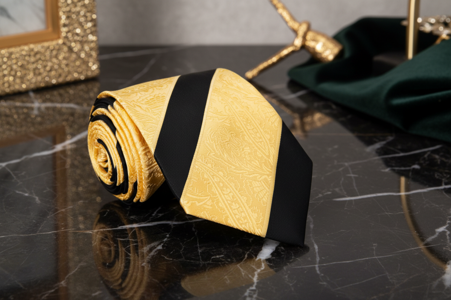 Gold, Black Paisley and Stripe Tie