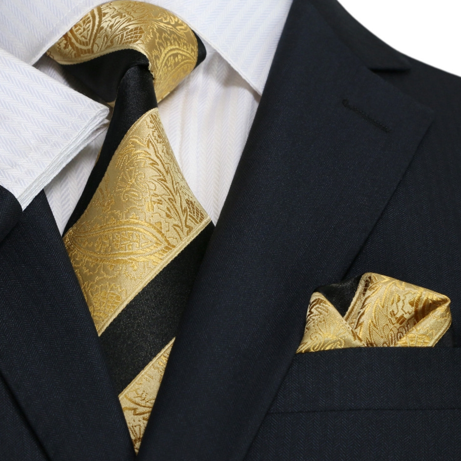 A Gold and Black Stripe and Paisley Tie and Square