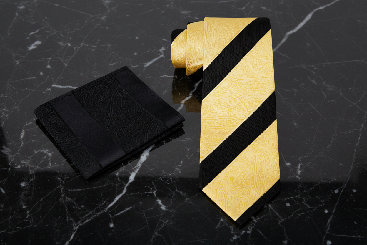 alt Gold and Black Paisley Necktie and Accenting Square