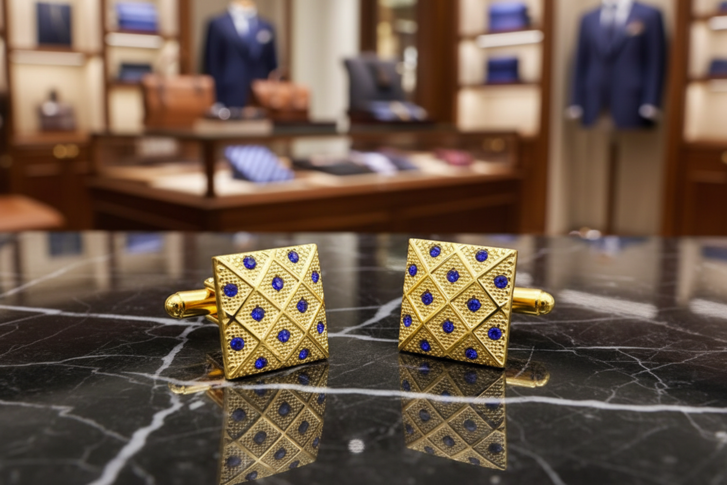 Main A Gold, Blue Color Square Shape Cuff-links