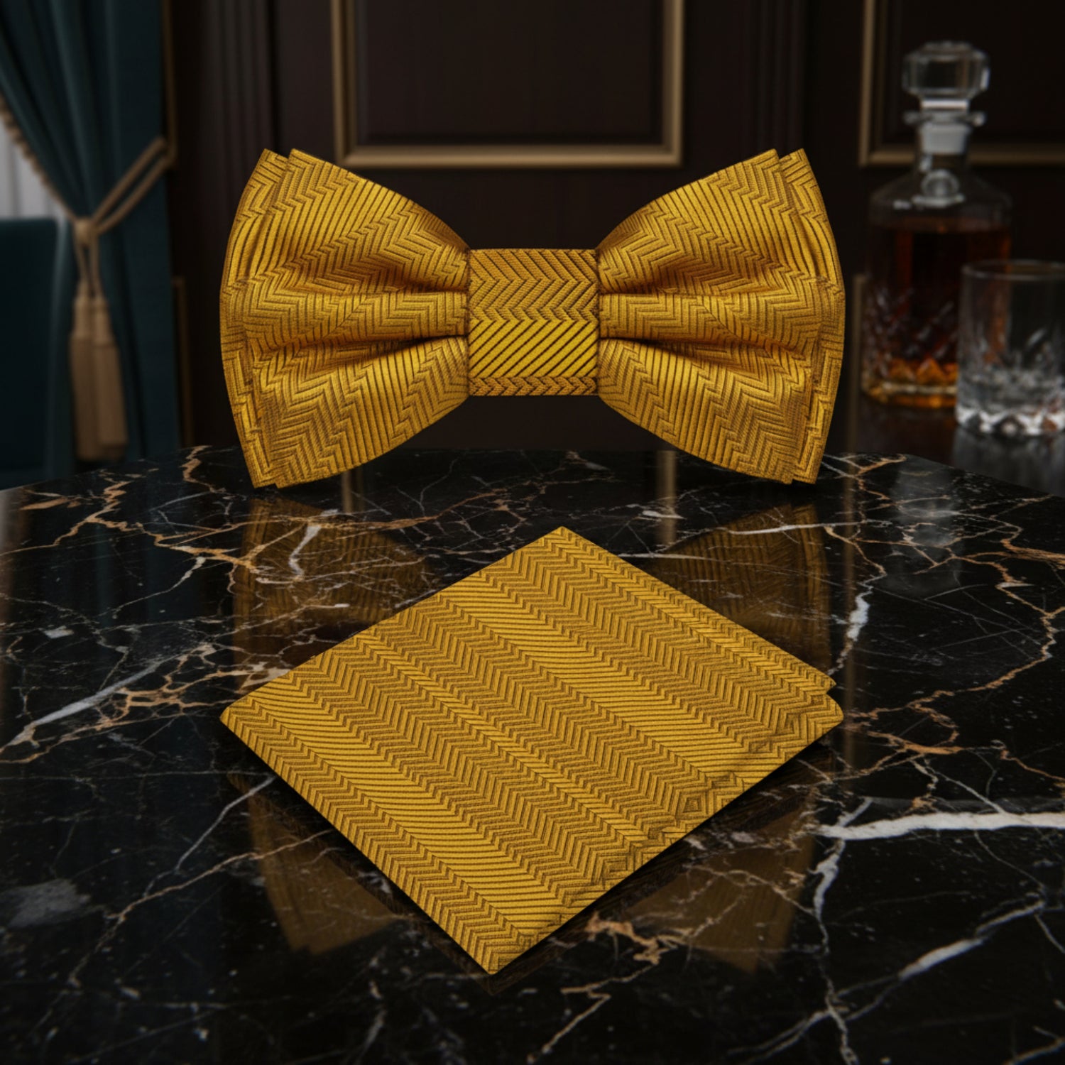 A matching men's formal accessory set featuring a pre-tied bow tie and a folded pocket square, both in a textured mustard yellow fabric with a fine herringbone pattern.
