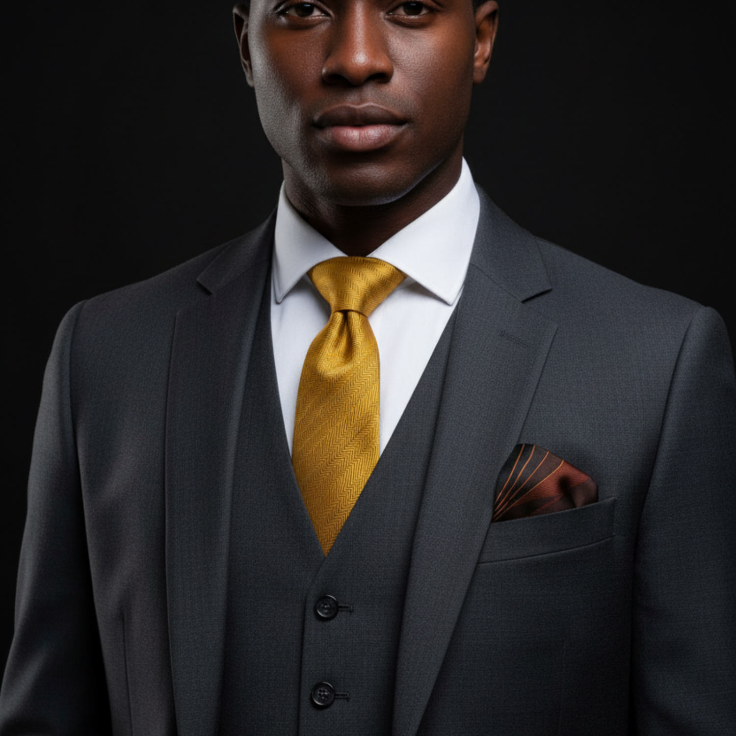 Man wearing a gray suit with a gold tie against a black background