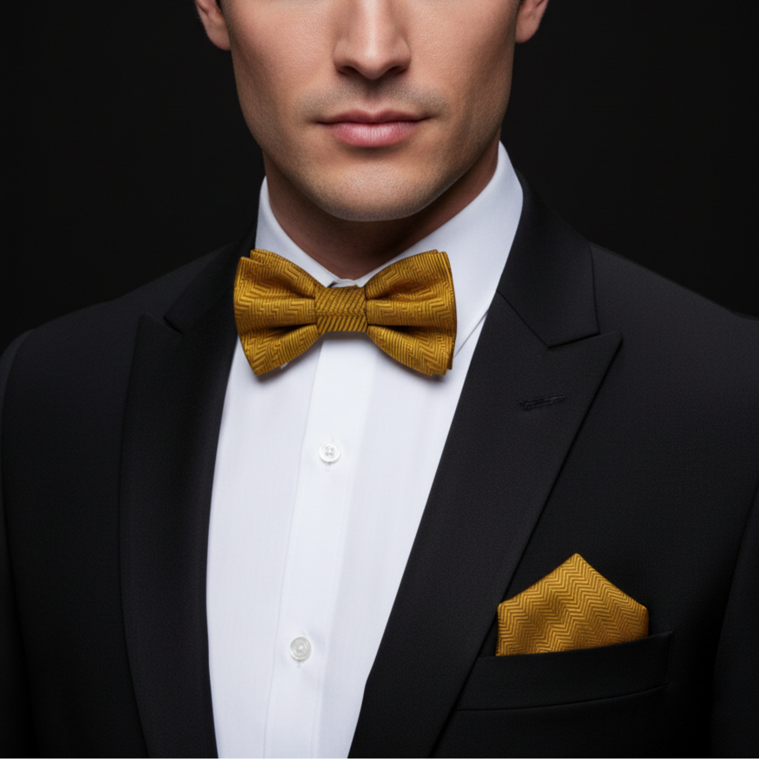 Man wearing a black suit with a yellow bow tie and pocket square on a black background