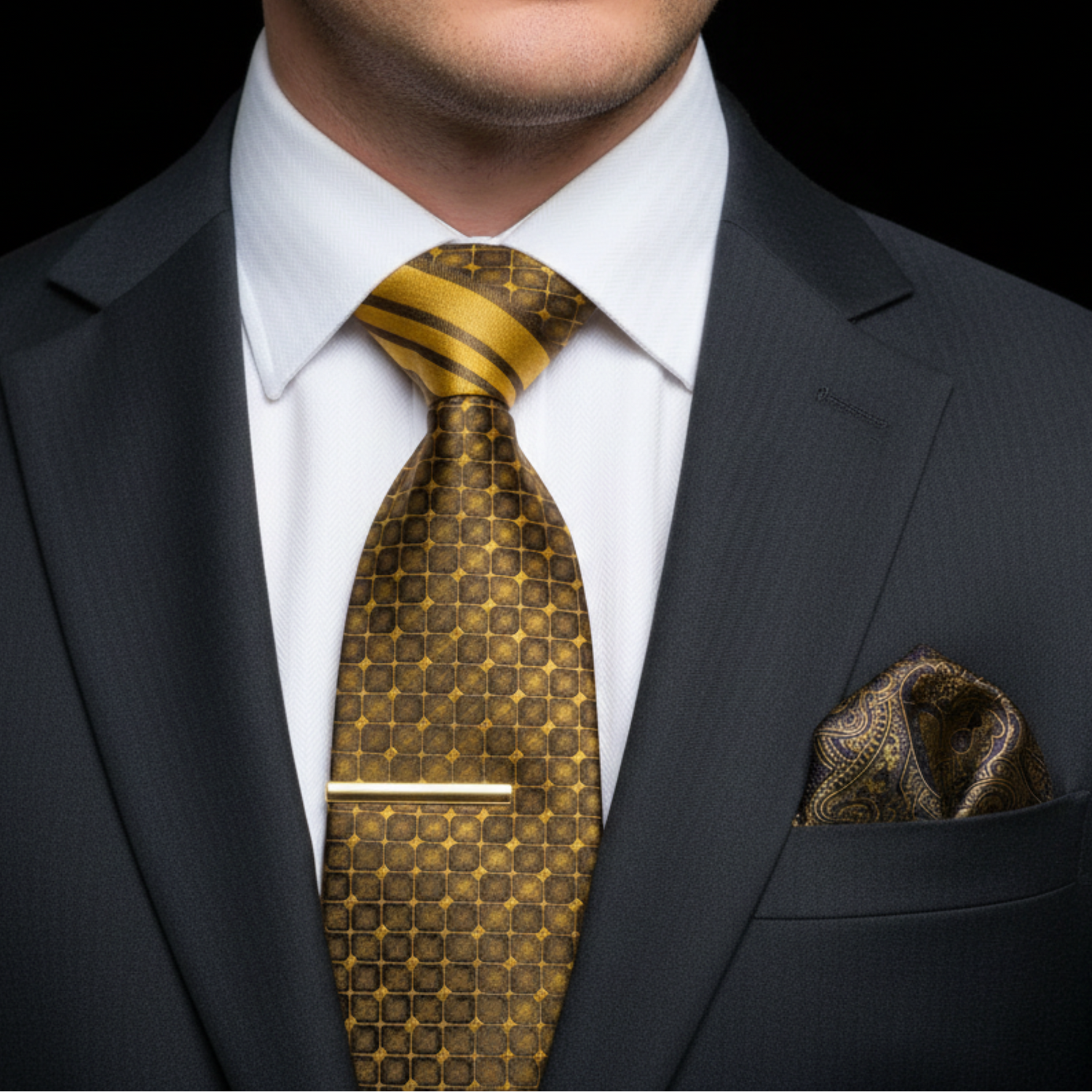 Man wearing a dark suit with a gold tie and pocket square on a black background