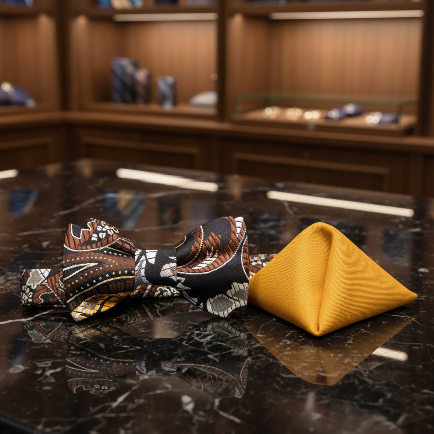 Main View: A Brown, Yellow Paisley Pattern Silk Self Tie Bow Tie, With Bright Gold Pocket Square