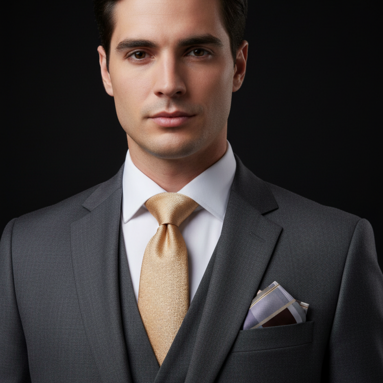 gold textured tie and patchwork pocket square on a white background