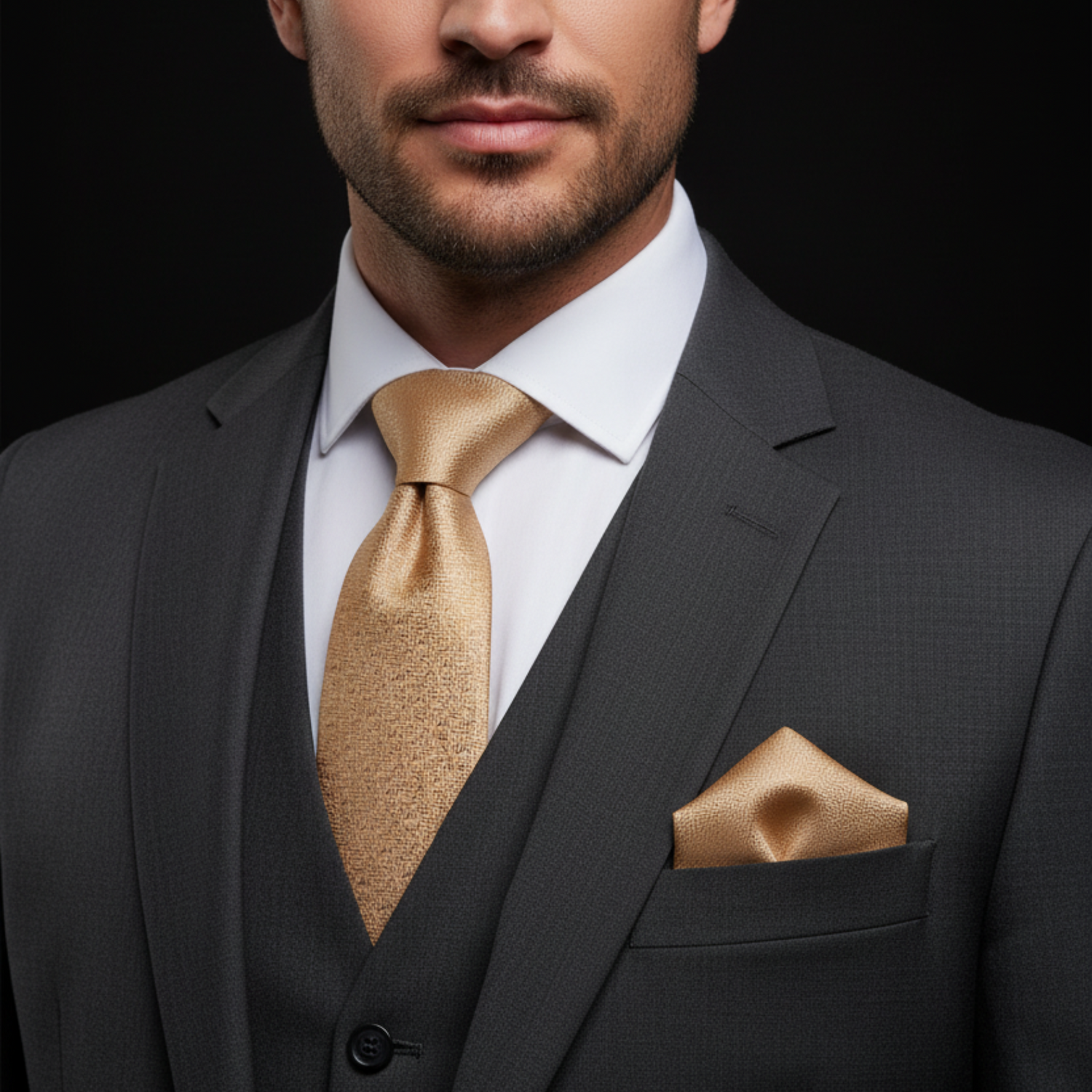 Man wearing a dark suit with a gold tie and pocket square against a black background
