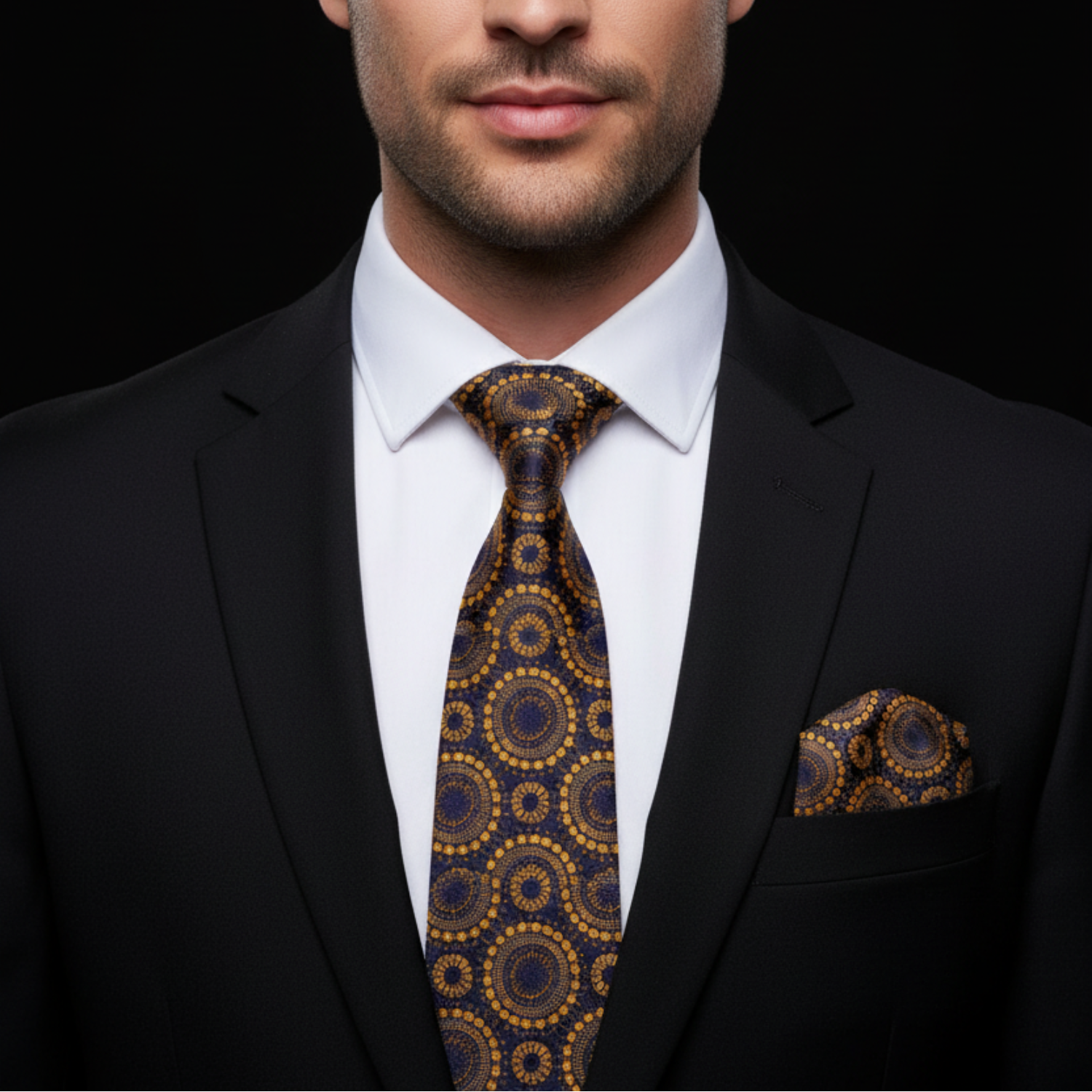 Man wearing a black suit with a patterned tie and pocket square on a black background