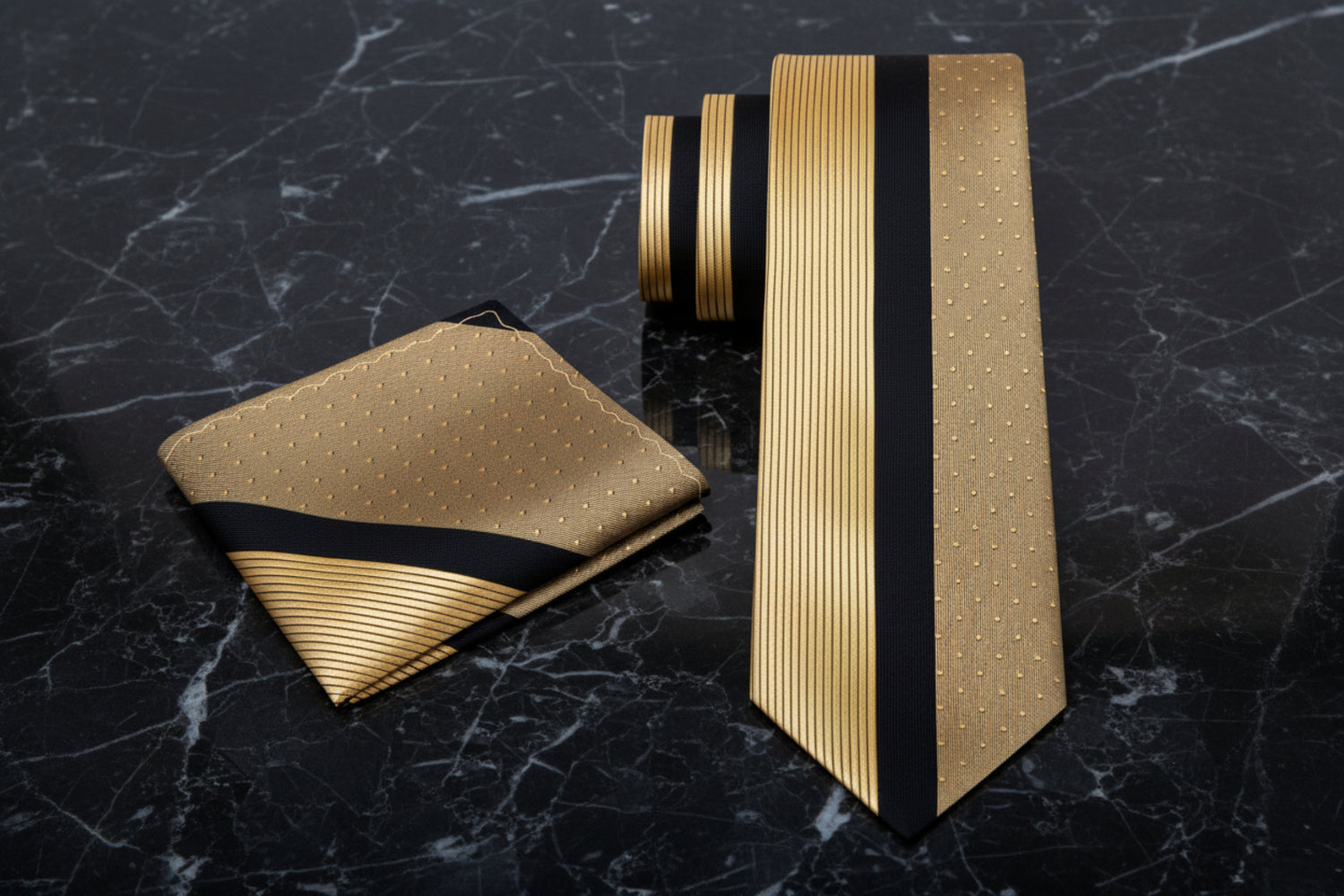 Gold with Black Stripe Adagio Necktie and Matching Pocket Square View 2